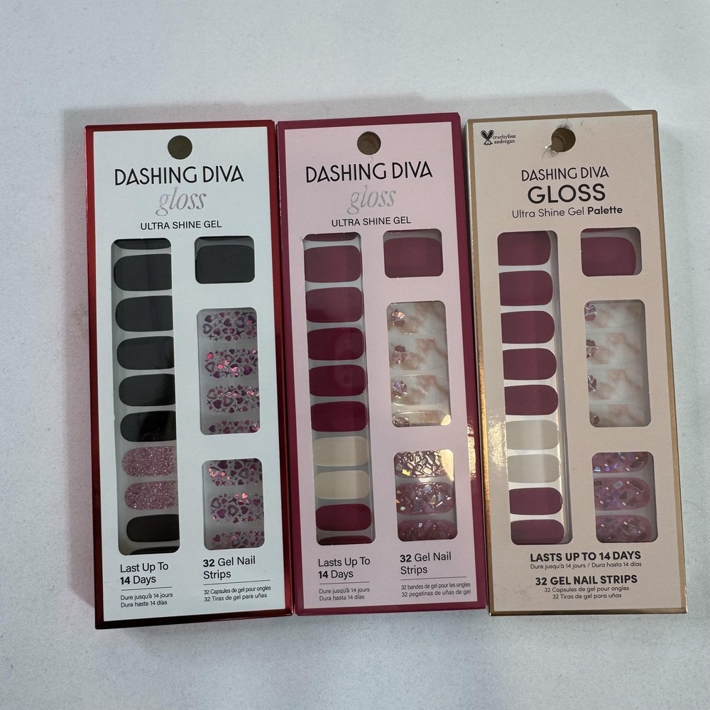 Dashing Diva Gloss Ultra Shine Gel Nail Strips Lot 3 Hearts Marble‎ Pink Multi